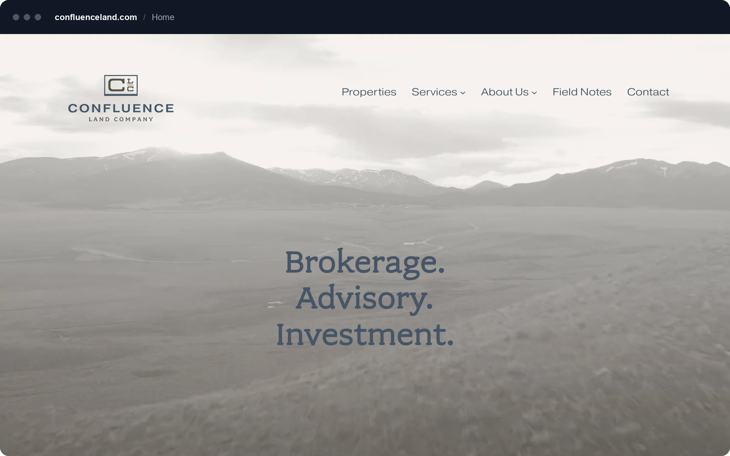 Confluence Land Company homepage with a mountain landscape hero reading Brokerage, Advisory, Investment.