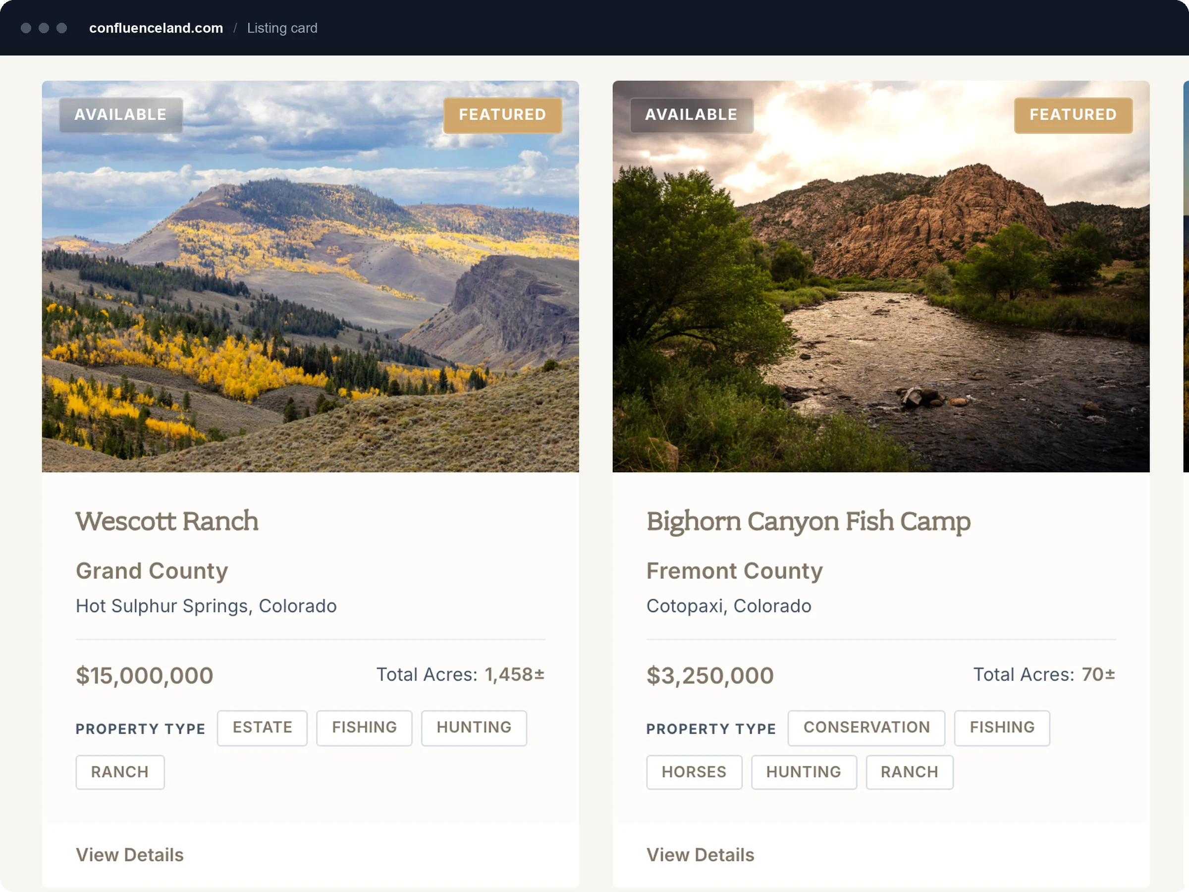 Close-up of two listing cards with New Listing and Featured badges and property-type tags.