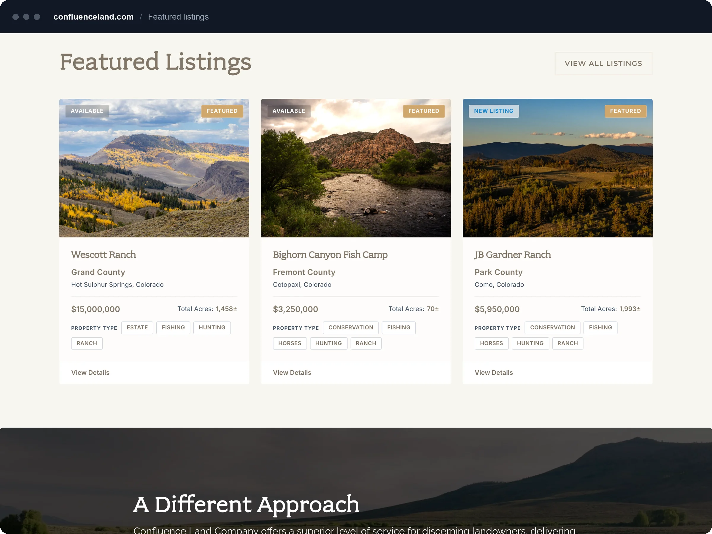 Featured listings row with three ranch cards showing county, price and acreage.
