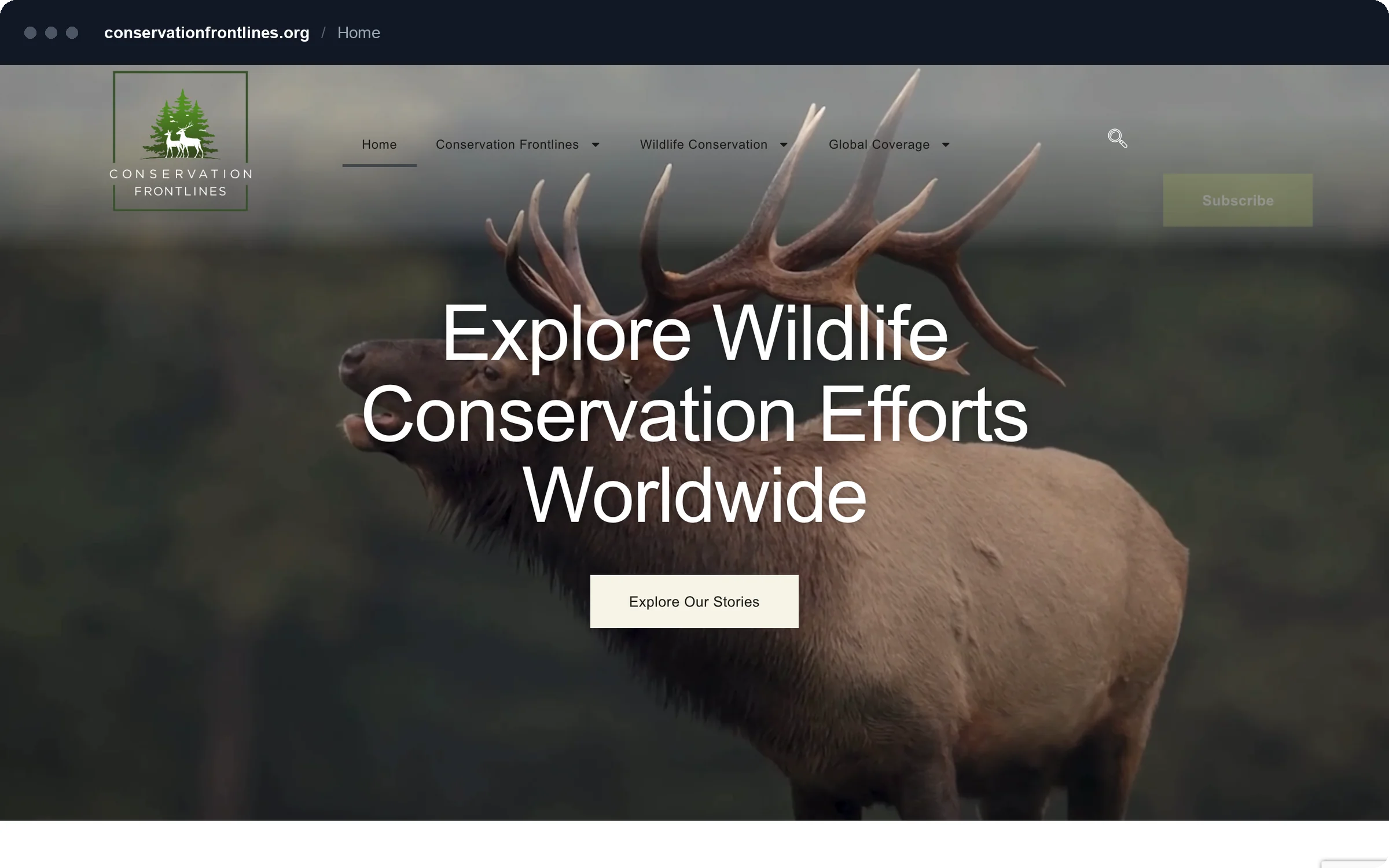 Conservation Frontlines homepage with an elk photograph and the headline Explore Wildlife Conservation Efforts Worldwide.
