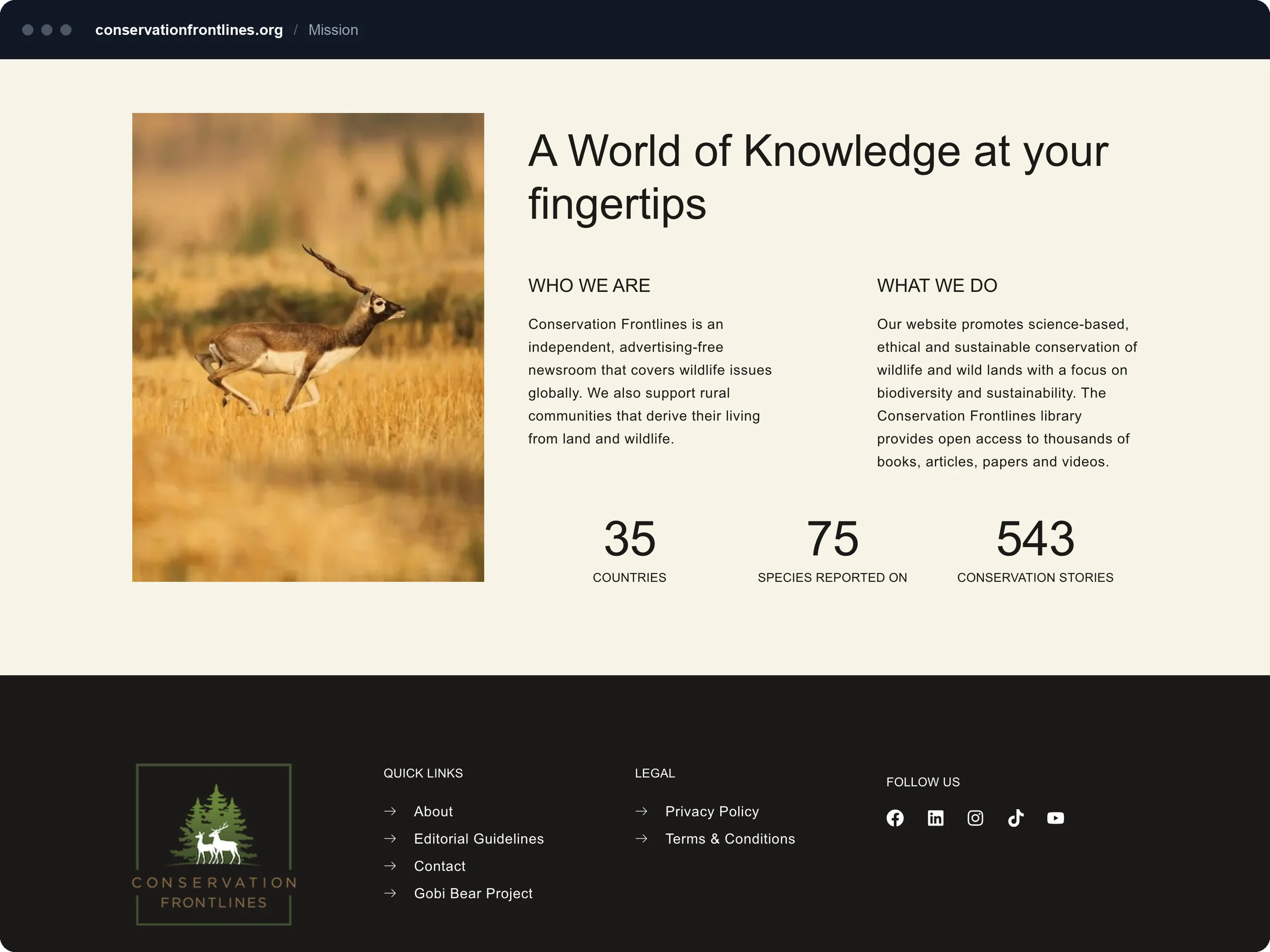 Mission page section with who we are, what we do and counts of countries, species and stories.