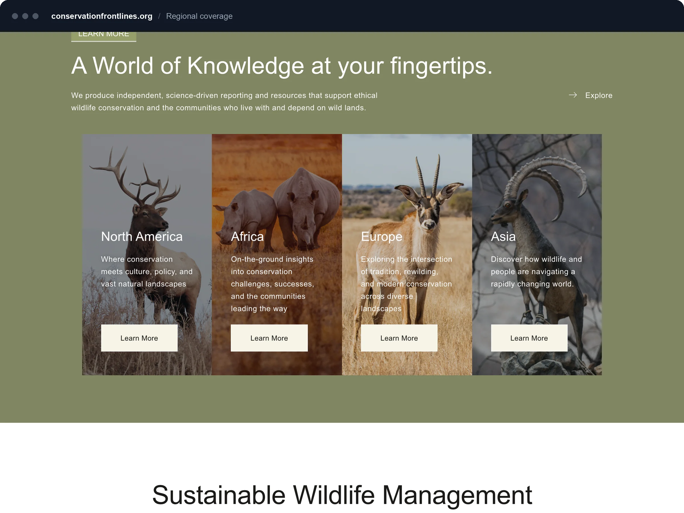 A World of Knowledge section with four regional columns: North America, Africa, Europe and Asia.