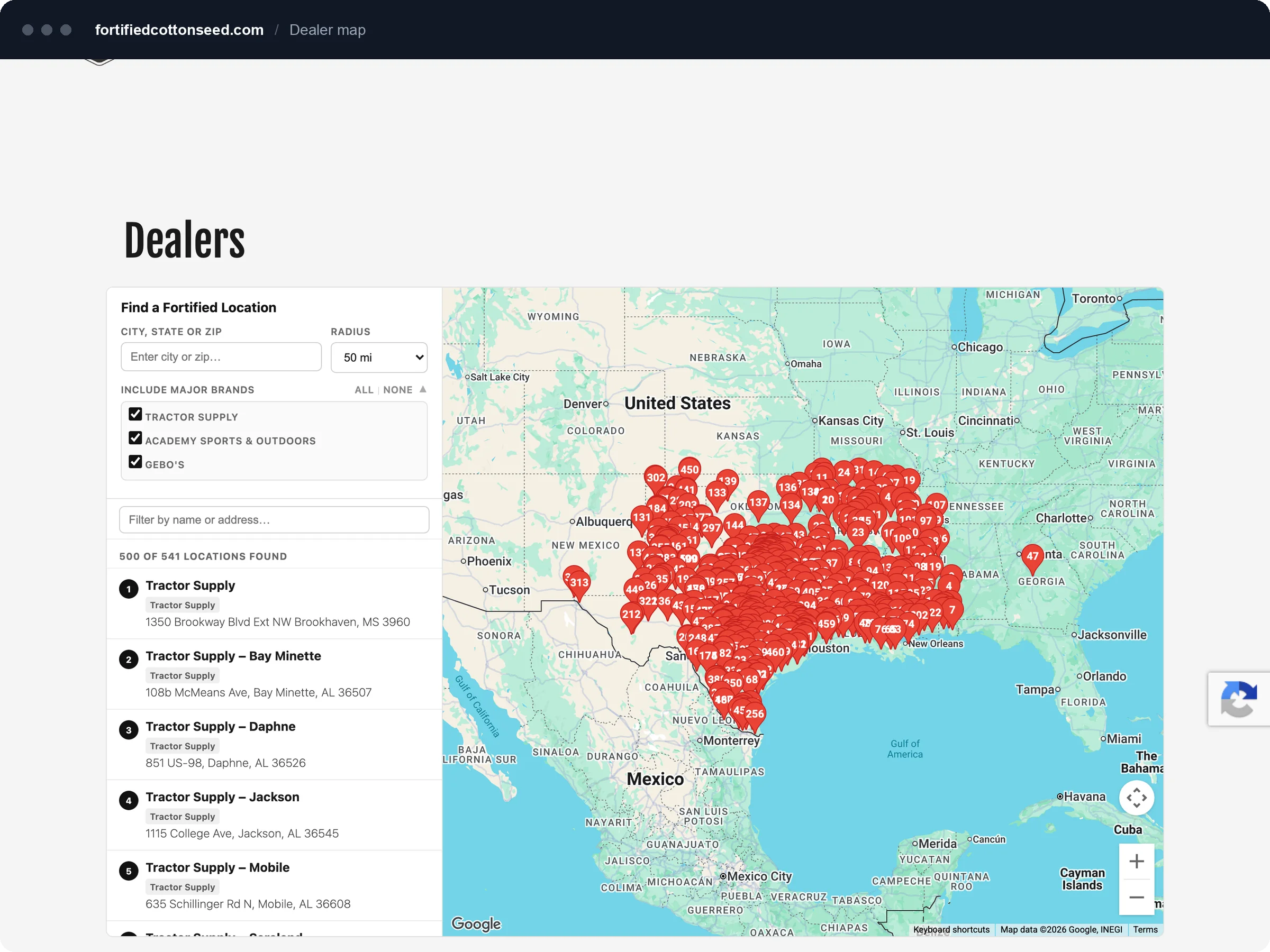 Dealers page with a dealer locator map across Texas and the surrounding states.