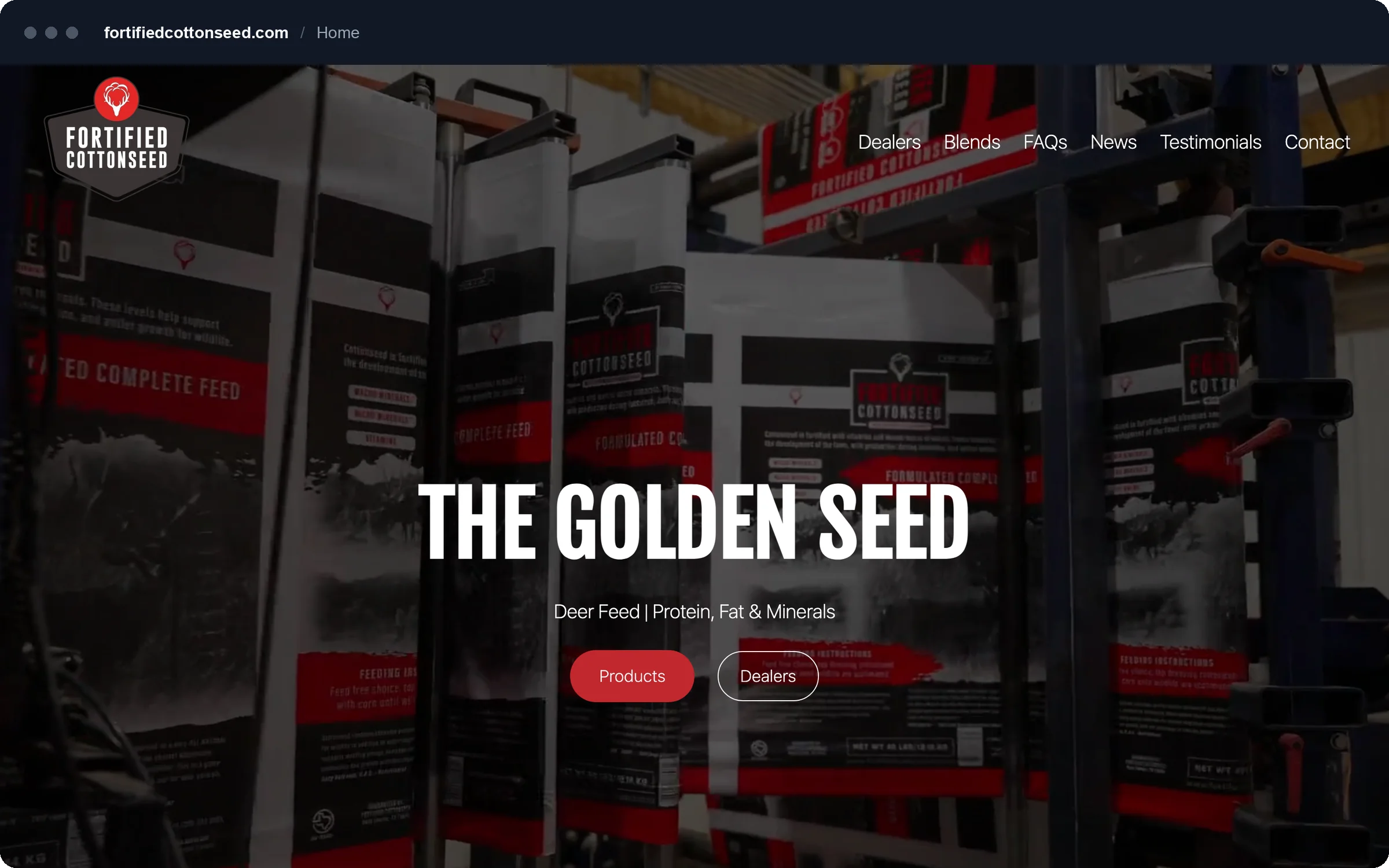 Fortified Cottonseed homepage with a warehouse video hero and the headline The Golden Seed.