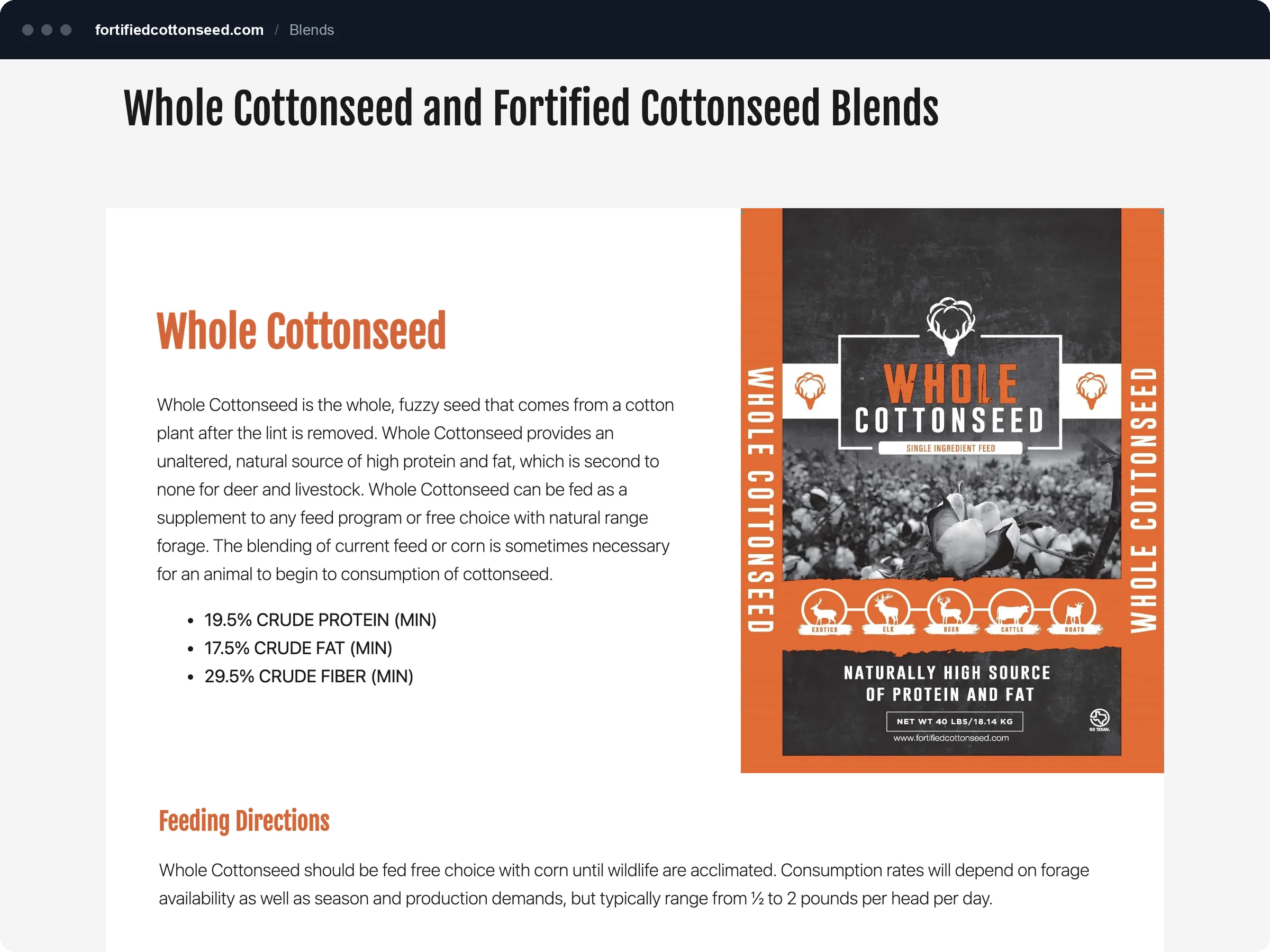 Products page describing the Whole Cottonseed and Fortified Cottonseed blends with bag artwork.