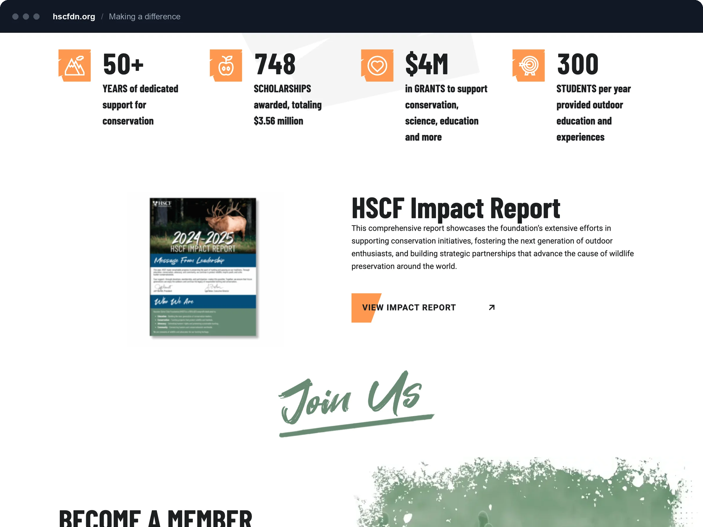 Making a Difference statistics row and the HSCF Impact Report feature.