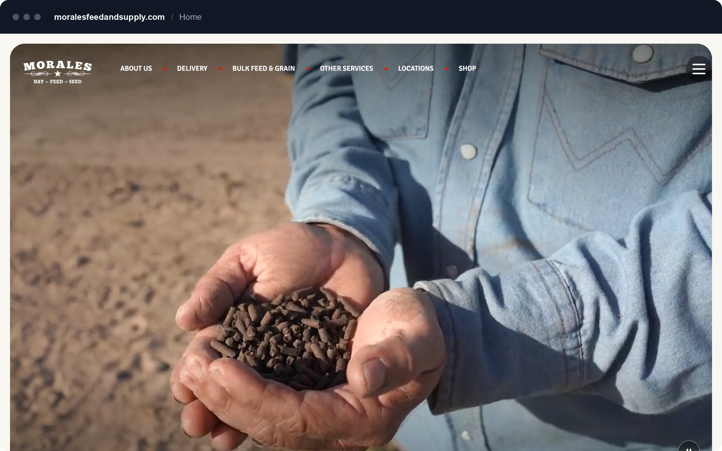 Morales Feed and Supply homepage with a full-width video hero and a Schedule Delivery button.