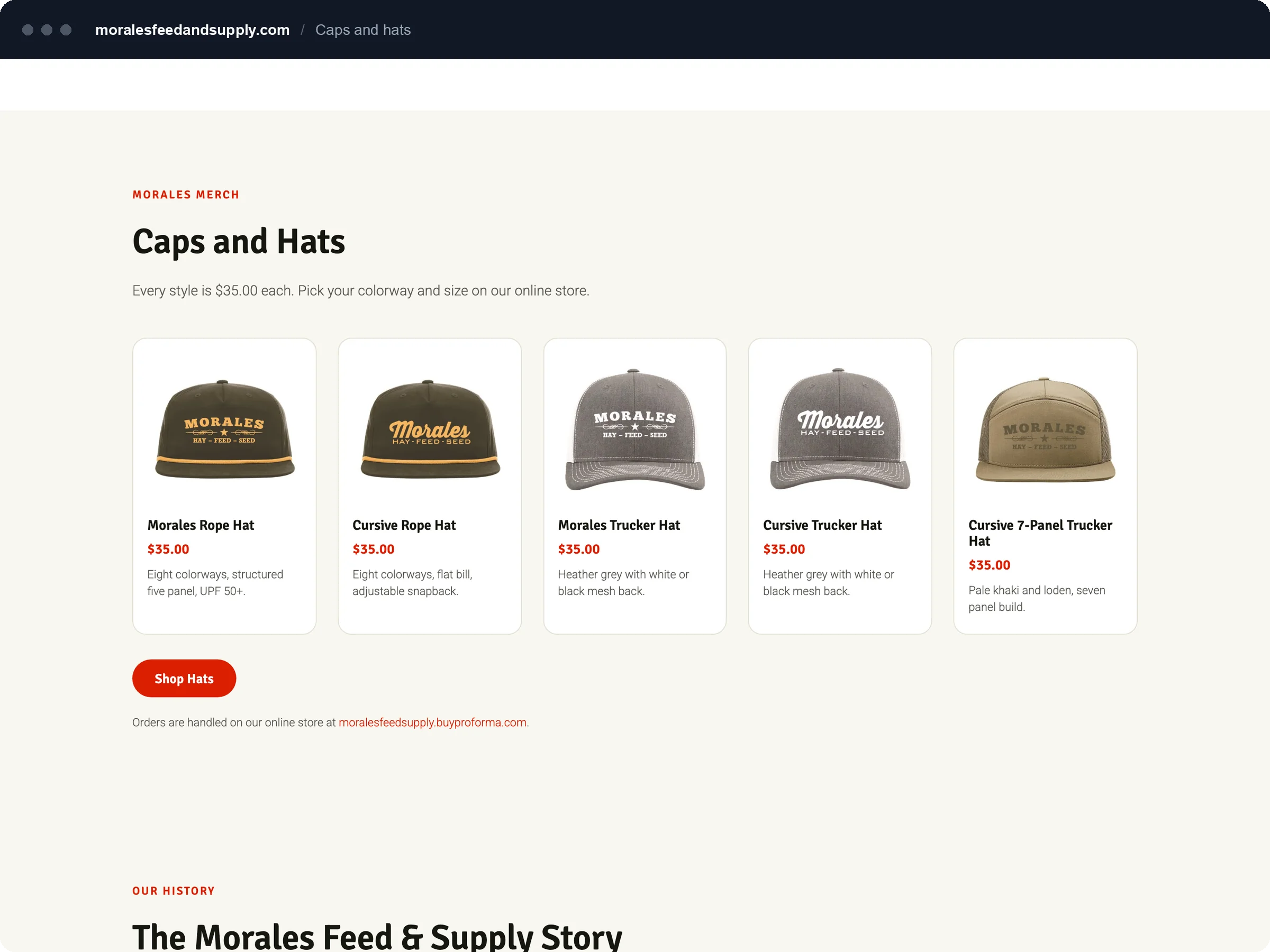 Caps and Hats shop row with five branded hats and prices.