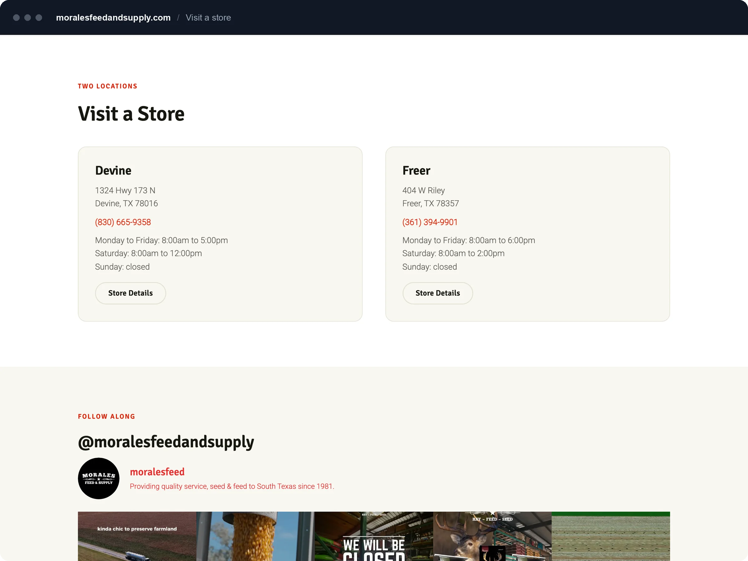 Visit a Store section with Devine and Freer store hours and addresses.