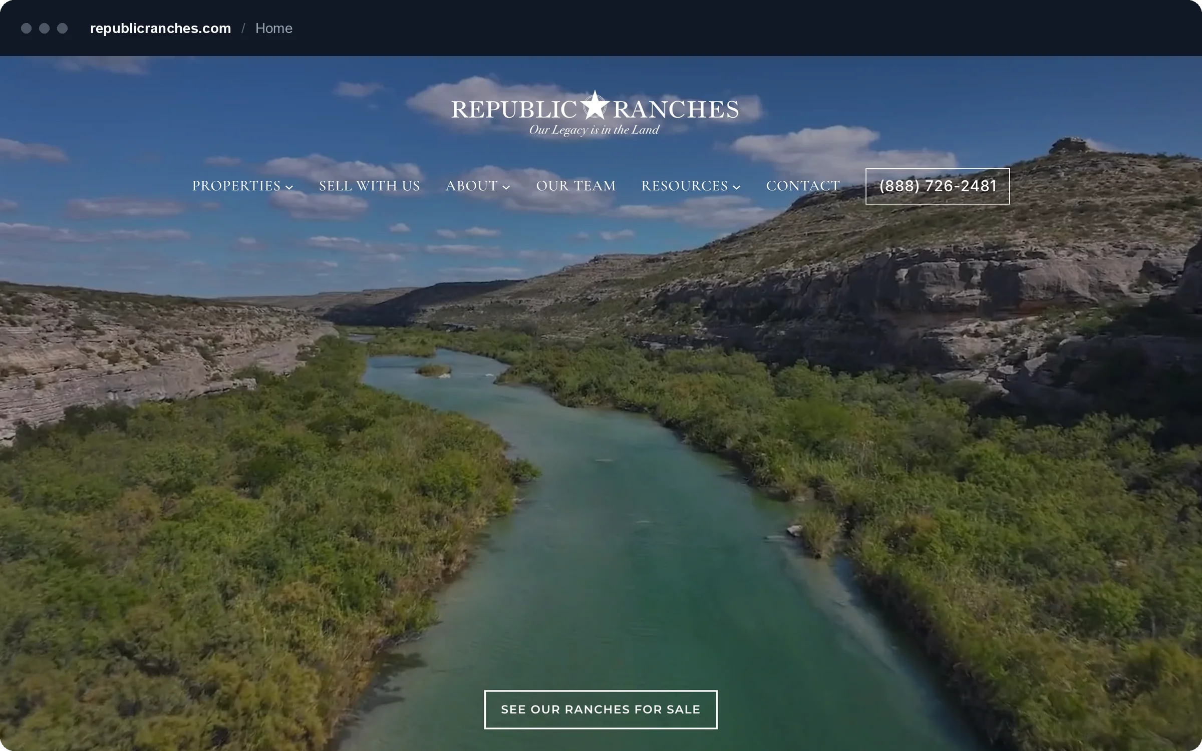 Republic Ranches homepage with a full-width aerial video of a Texas river canyon behind the brokerage navigation.