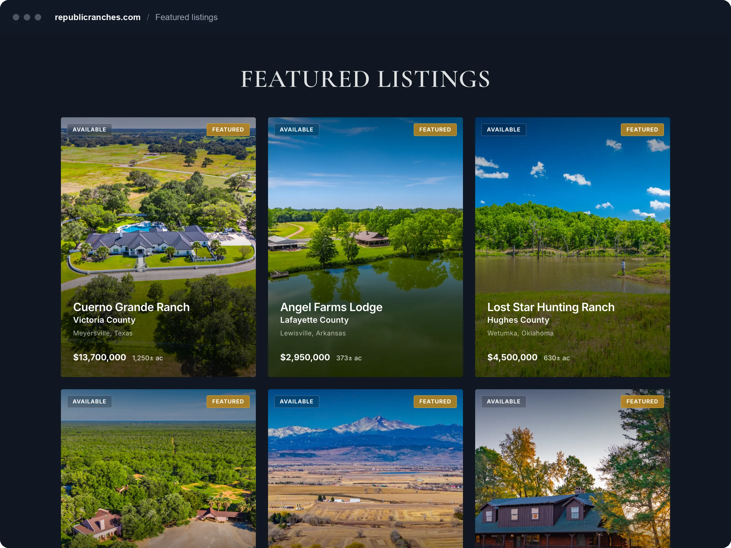 Featured listings grid with status badges, price and acreage on each ranch card.