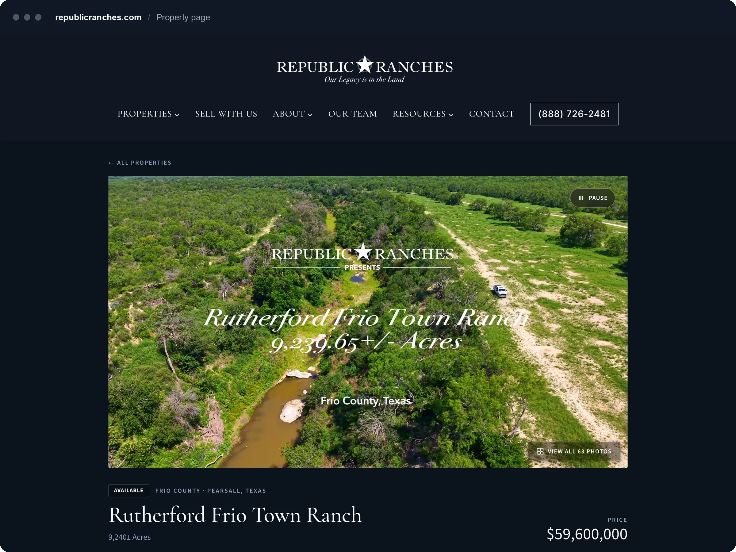 Ranch listing page with a full-width aerial video, property name, acreage and price.
