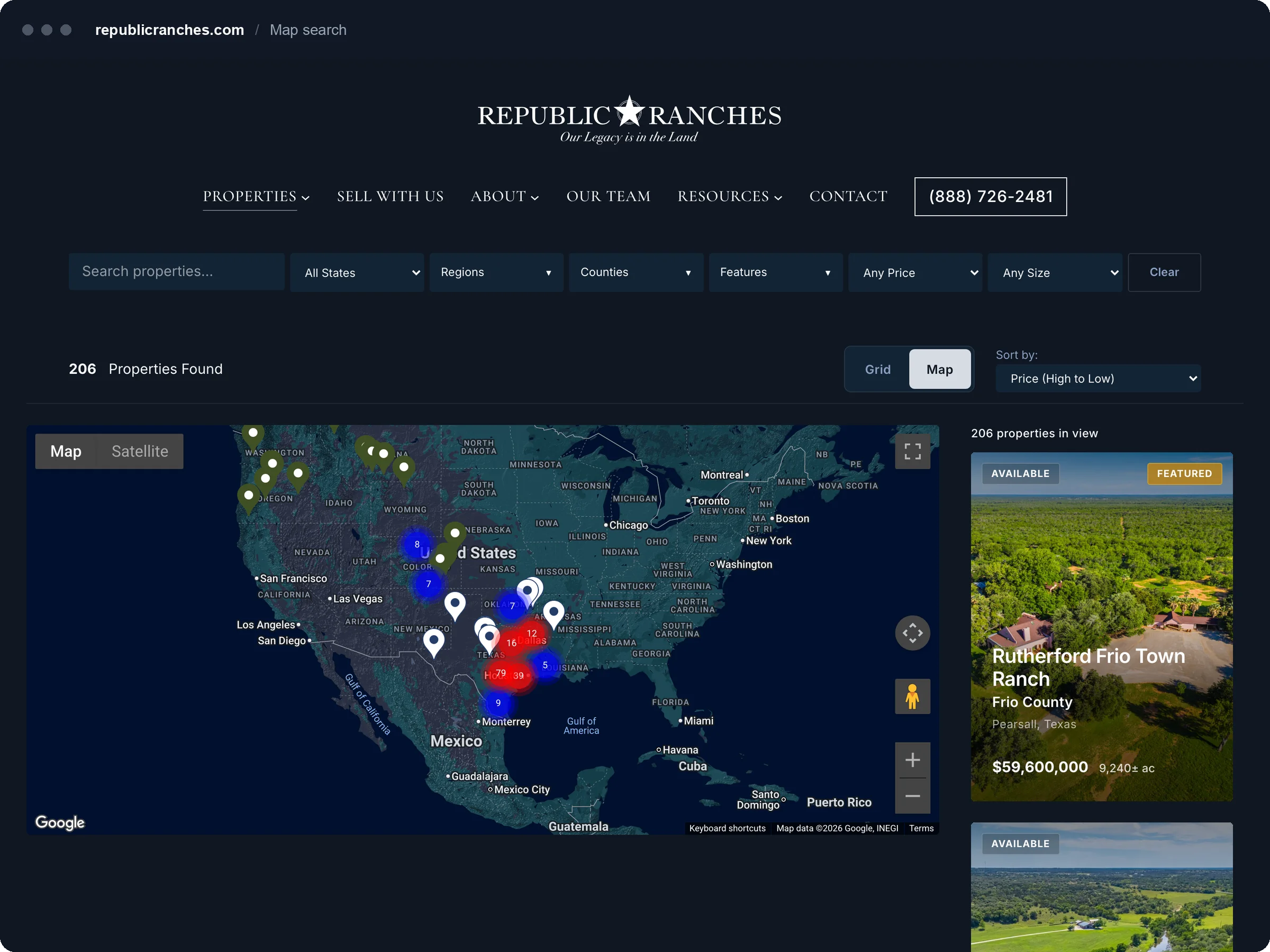 Property search page with filters, an interactive map of listings and a results list.