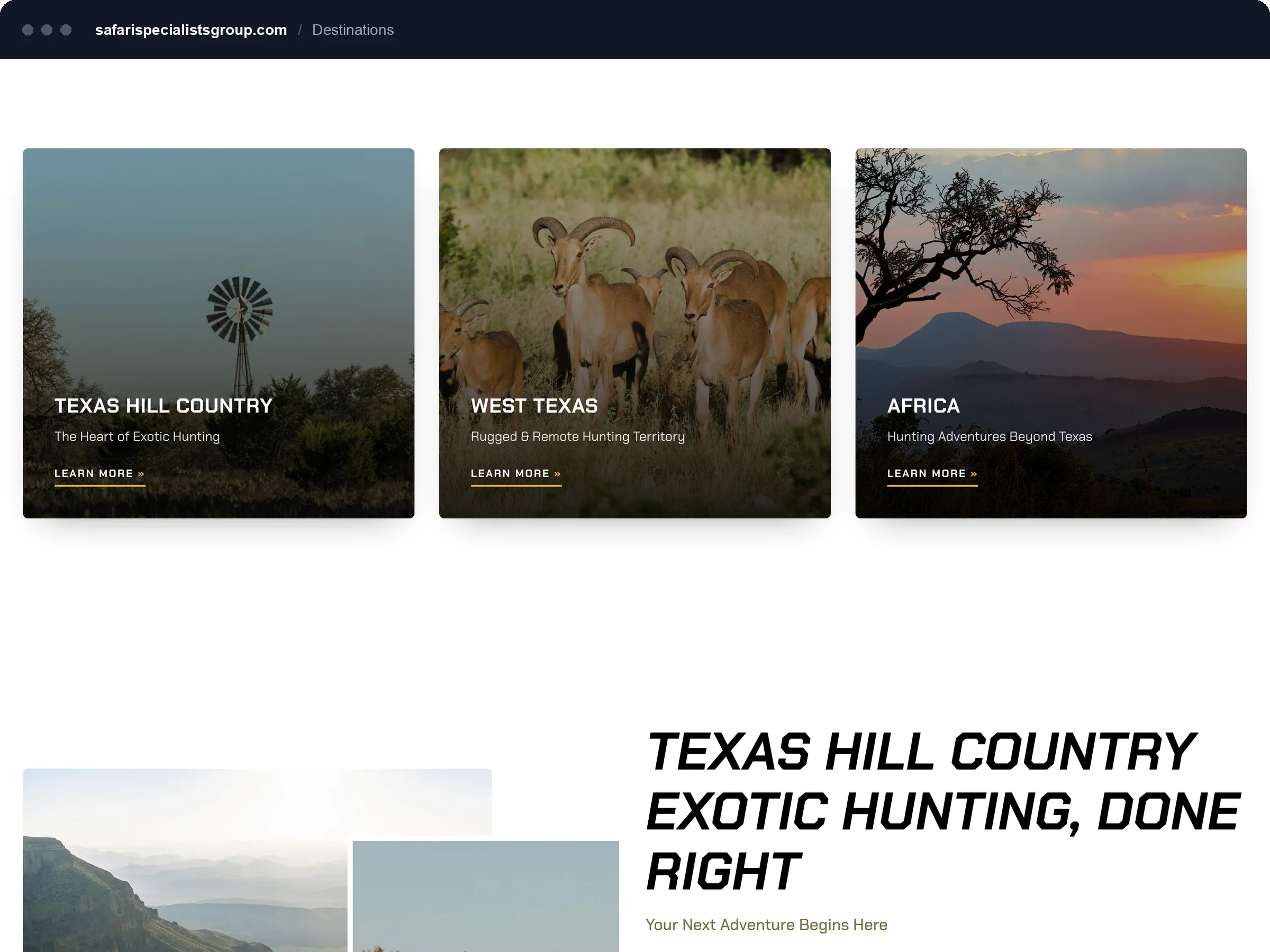 Three destination panels for Texas Hill Country, West Texas and Africa.
