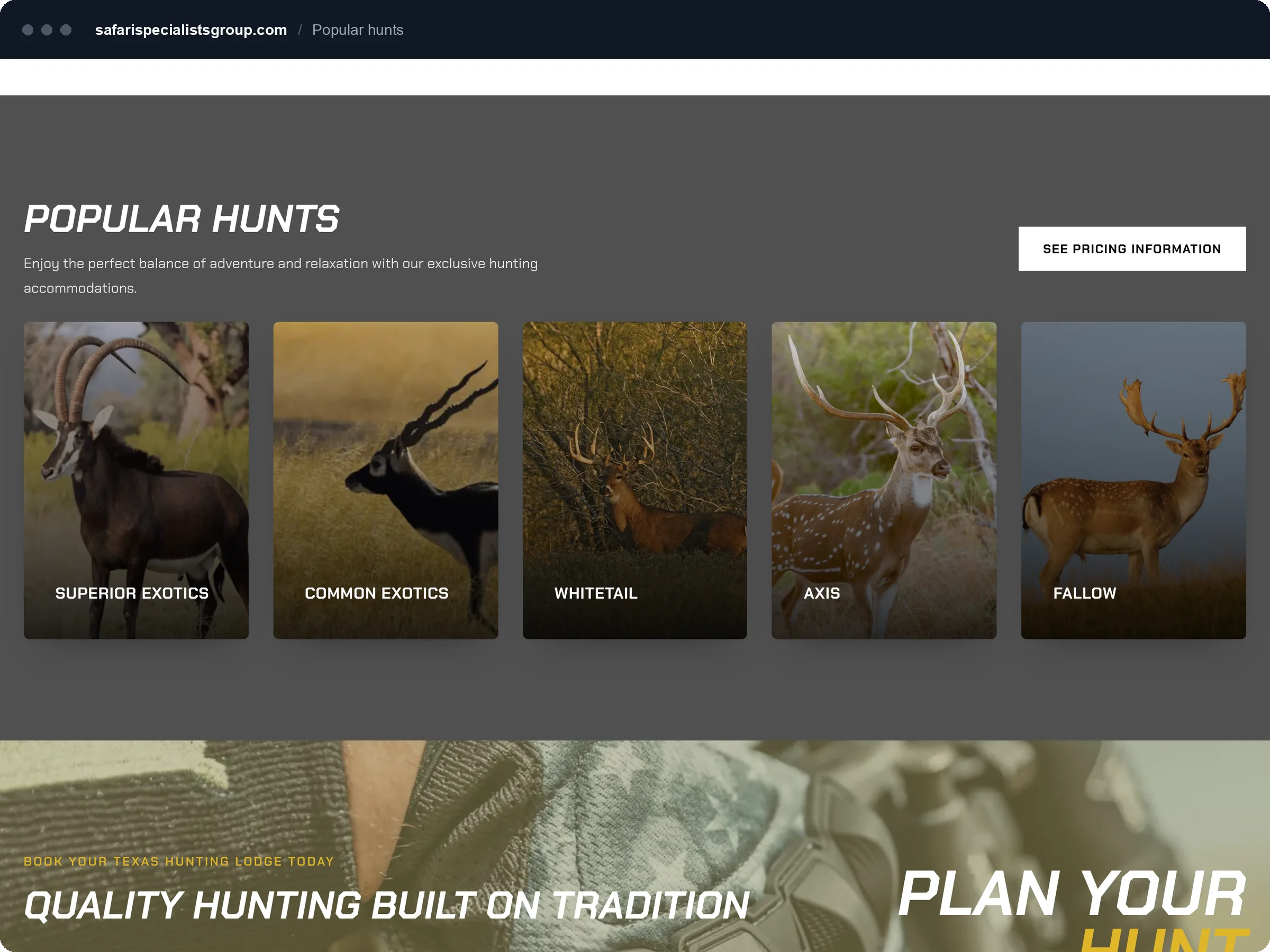 Popular Hunts section with a row of species cards: Superior Exotics, Common Exotics, Whitetail, Axis and Fallow.