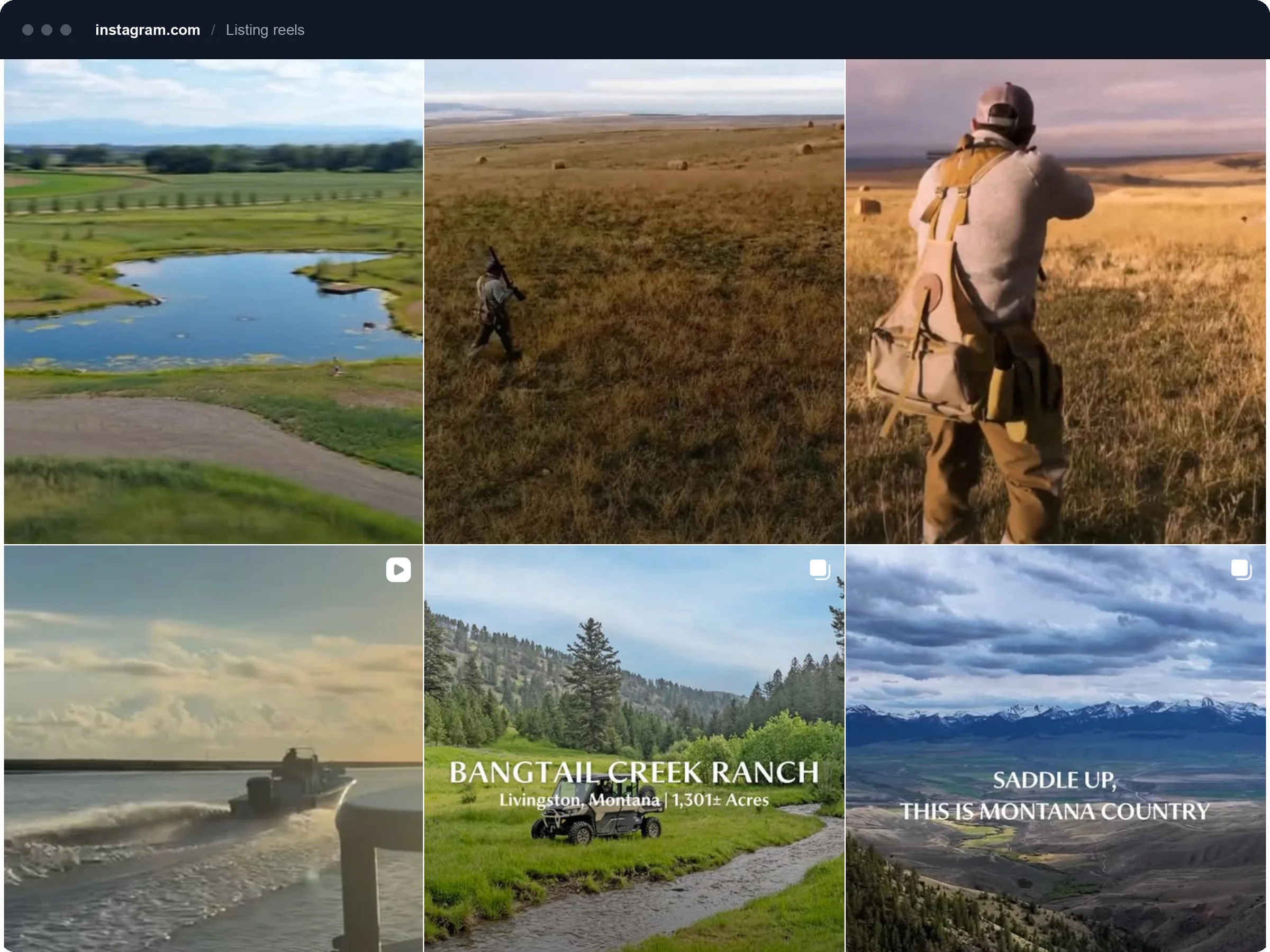 Grid of reels featuring Montana ranch listings and landscape video.