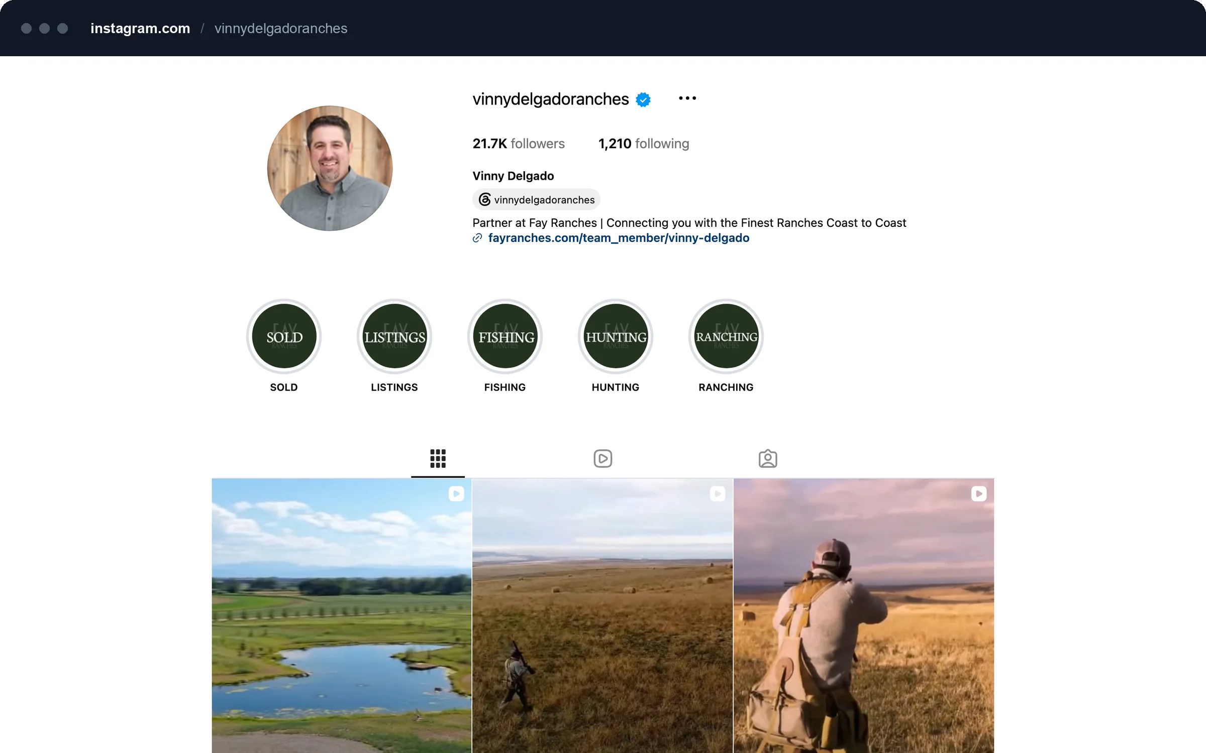 The vinnydelgadoranches Instagram profile with story highlights and a grid of ranch listing reels.
