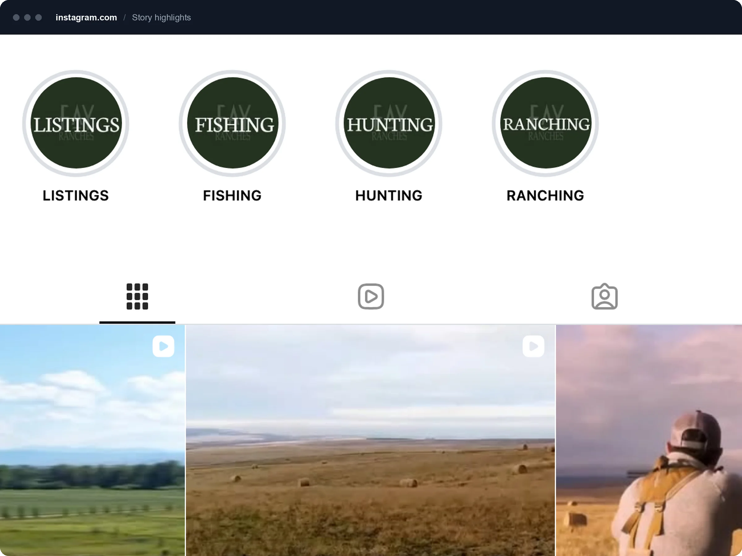 Story highlight circles for Sold, Listings, Fishing, Hunting and Ranching.