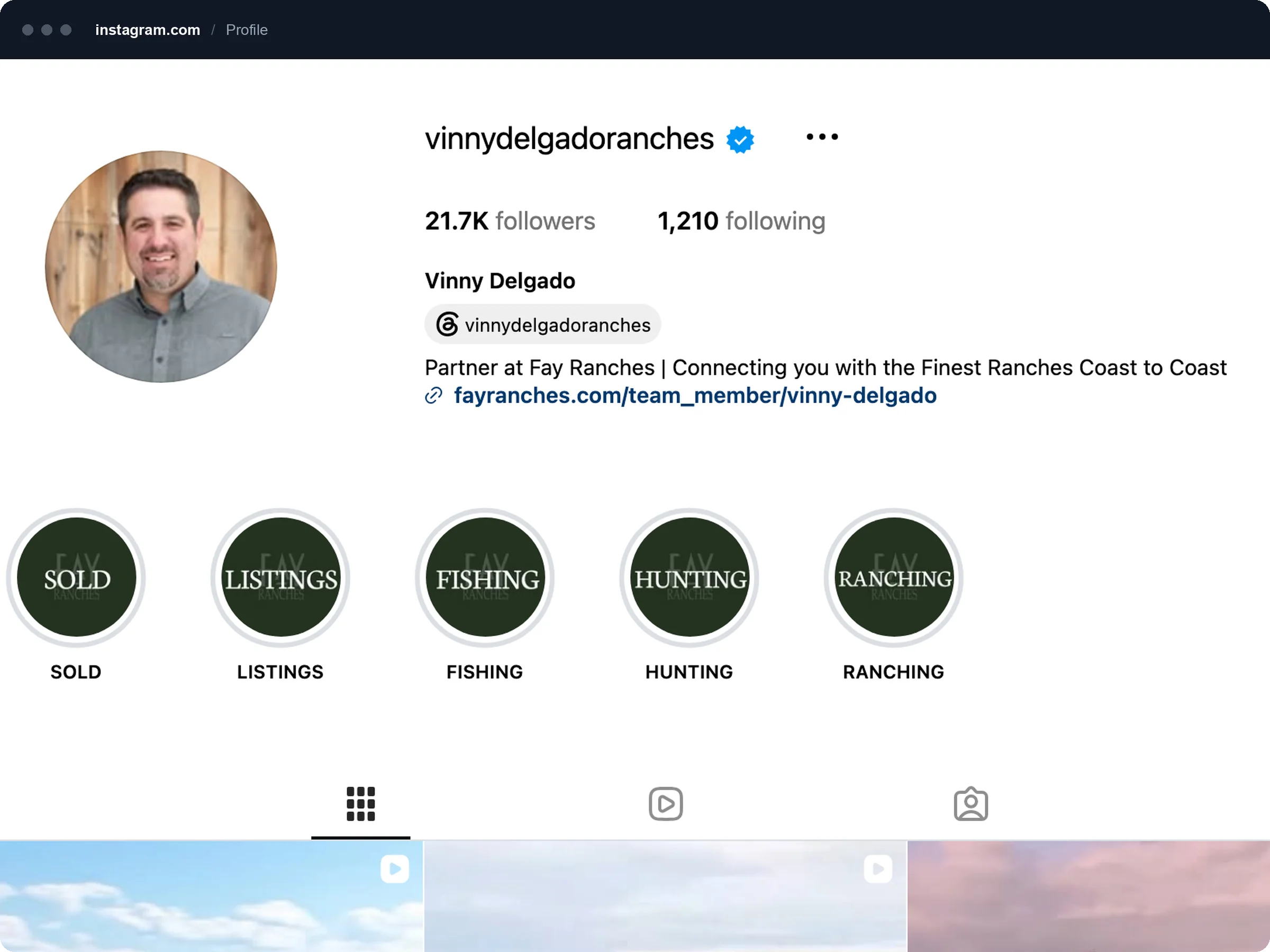 Instagram profile header showing the account name, follower count and Fay Ranches bio.
