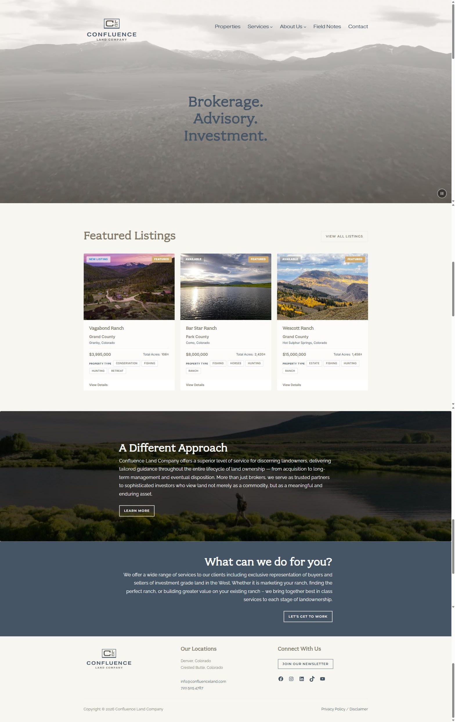 Full-page screenshot of the Confluence Land Company homepage, showing featured ranch and recreational property listings across Colorado, Wyoming, Montana and New Mexico.