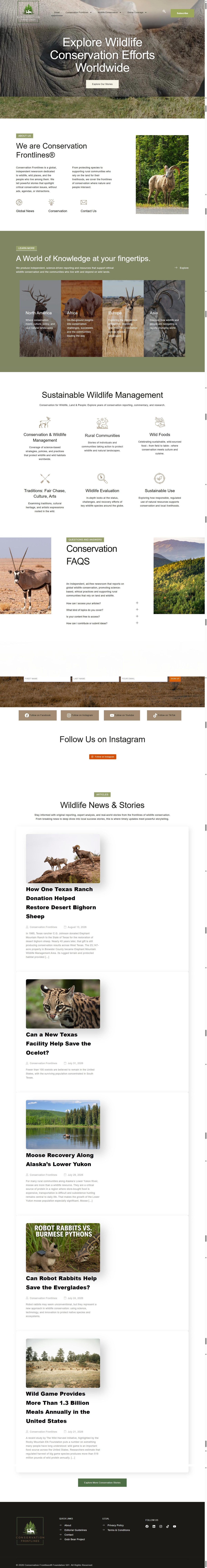 Full-page screenshot of the Conservation Frontlines homepage, showing the wildlife conservation newsroom, regional coverage and latest articles.