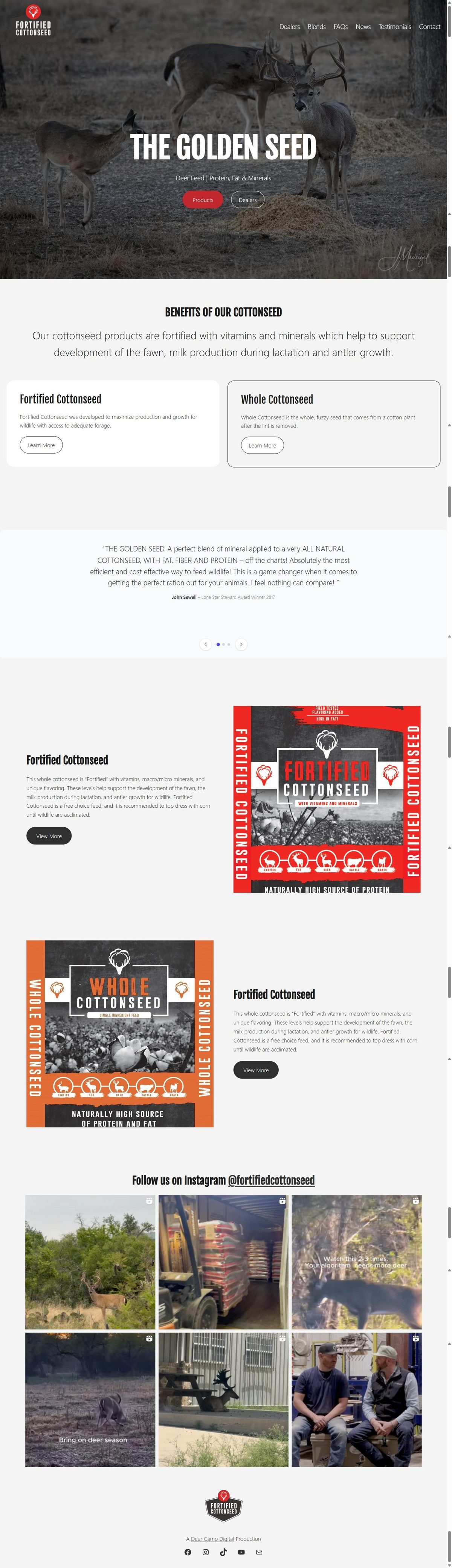 Full-page screenshot of the Fortified Cottonseed homepage, showing the deer feed product range, benefits and dealer information.