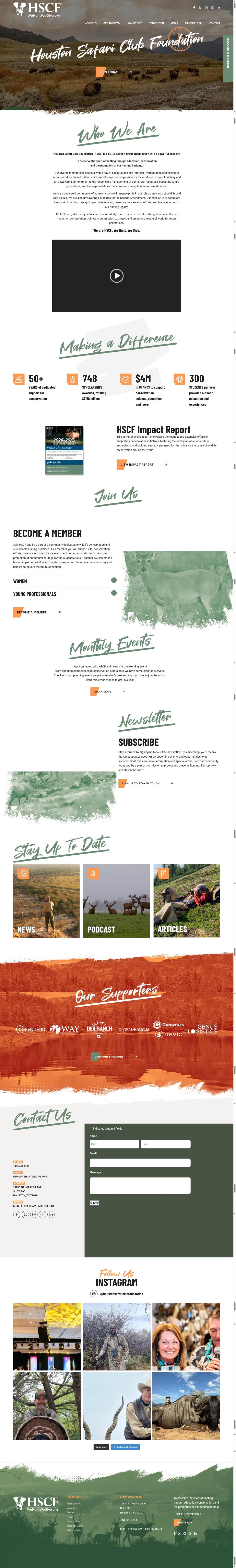 Full-page screenshot of the Houston Safari Club Foundation homepage, showing membership, grants and scholarship impact figures and event information.