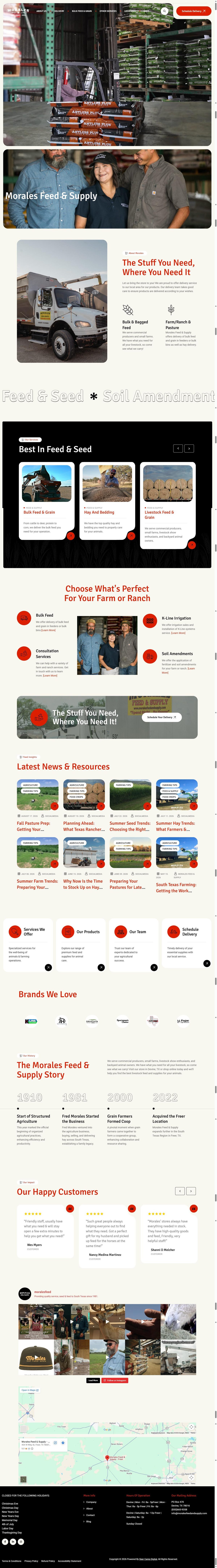 Full-page screenshot of the Morales Feed & Supply homepage, showing bulk feed and grain delivery services, product ranges and store locations.