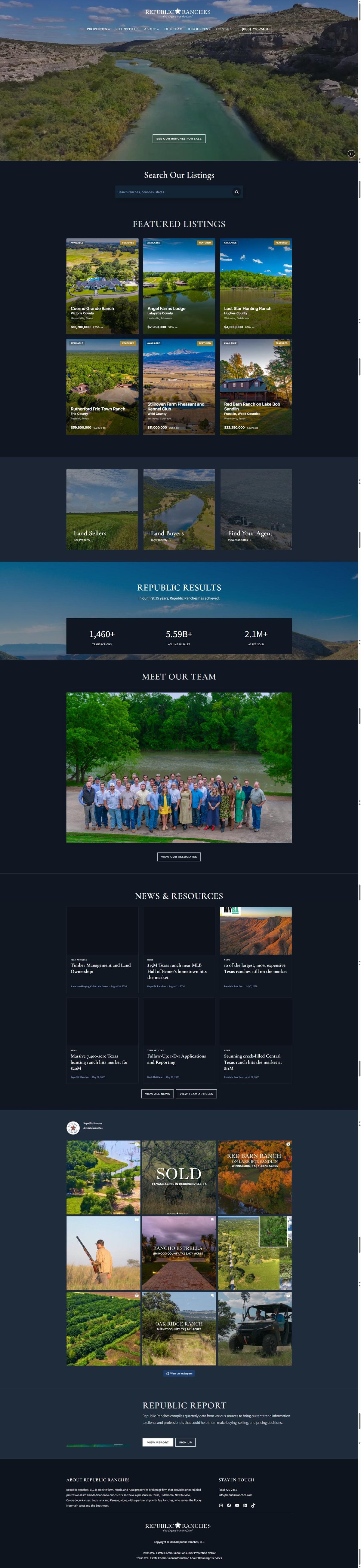 Full-page screenshot of the Republic Ranches ranch brokerage website homepage, showing the property search, featured ranch listings and team sections.