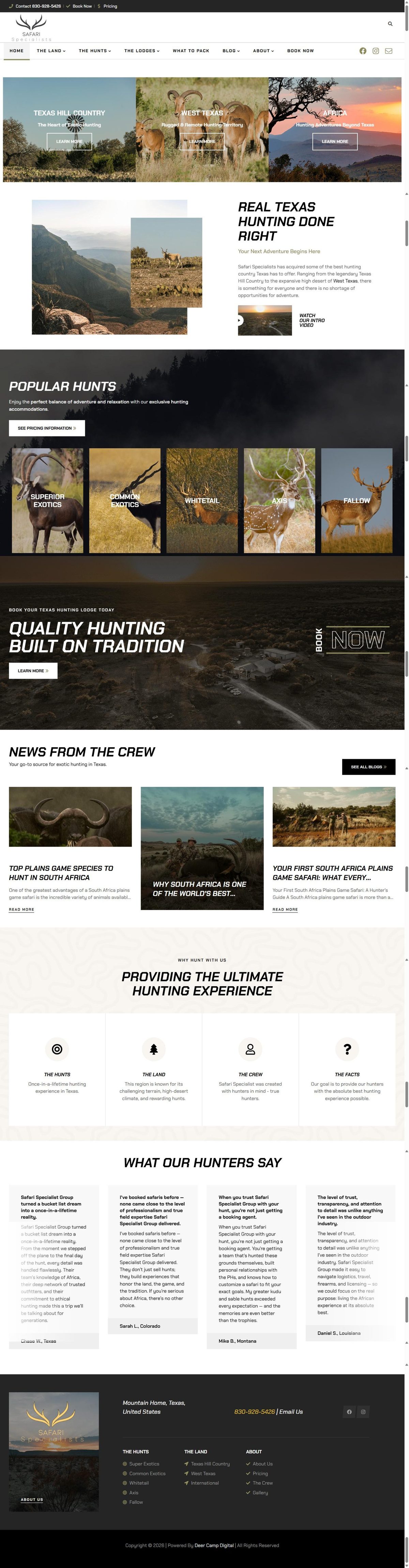 Full-page screenshot of the Safari Specialists Group homepage, showing Texas Hill Country, West Texas and Africa hunting destinations.