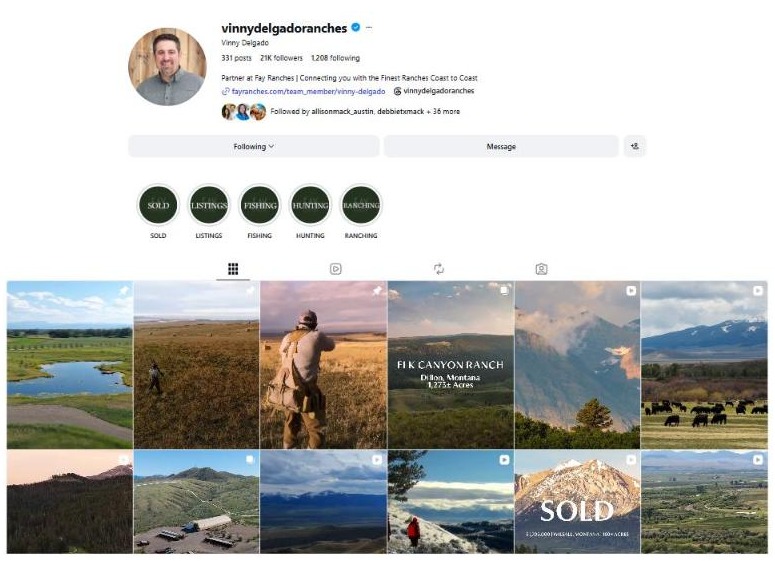 Screenshot of the Instagram profile for Vinny Delgado, ranch real estate agent and partner at Fay Ranches.