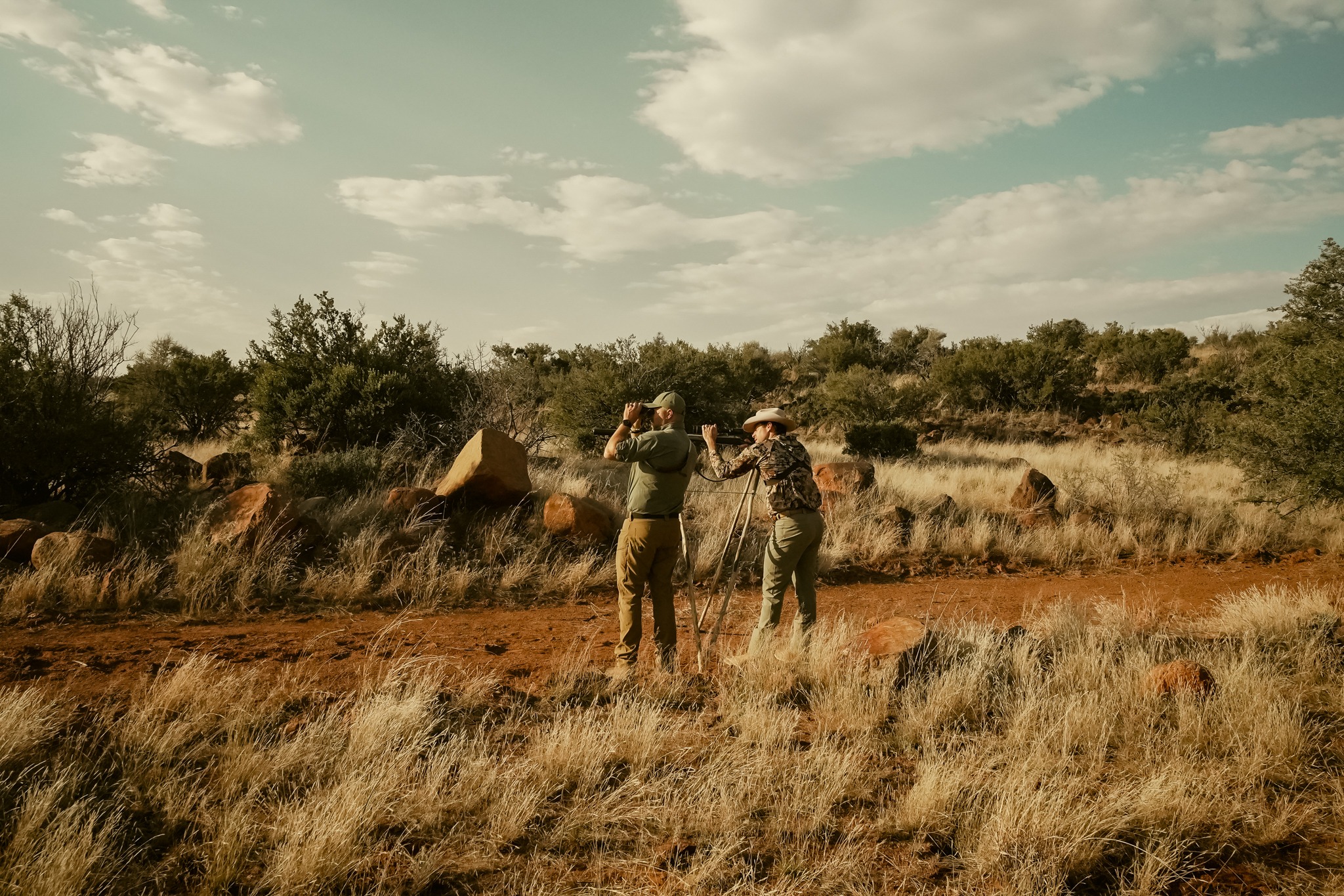 Two hunters scouting open country with binoculars and a rifle on shooting sticks